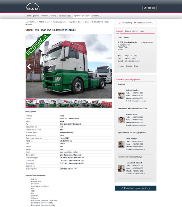 Firmowa witryna serwisu ciężarówek spełniająca wymagania firmy MAN - prezentacja ofert komisu.